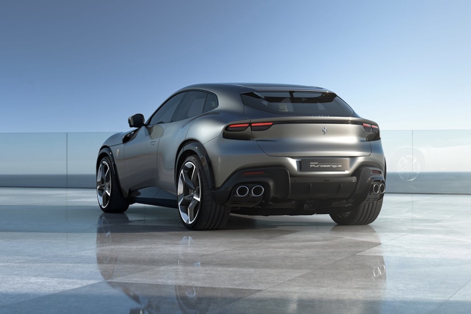 后端角2024法拉利Purosange从驱动侧停靠在水顶石板停靠