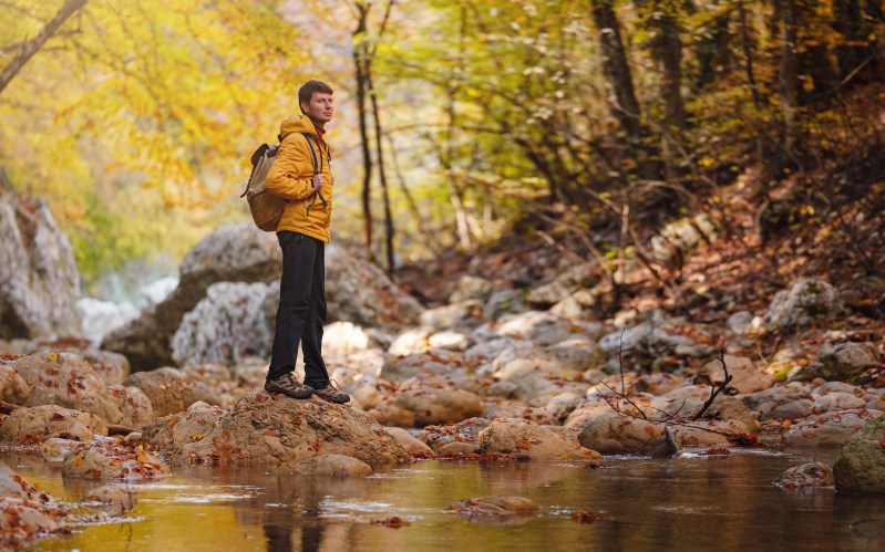 秋天旅行和公路旅行概念冒险活跃的自然生活方式旅游者到林中远足穿黄夹克的高加索人走在树林里